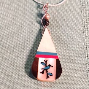 🔥 INLAY TEARDROP. TURQUOISE, CORAL AND BLACK ONYX, PENDANT. 18 INCH. STERLING.